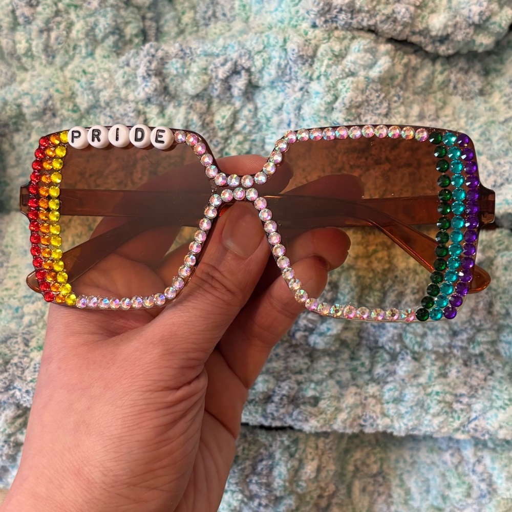 Handmade Rainbow Pride Rhinestone Brown Sunglasses